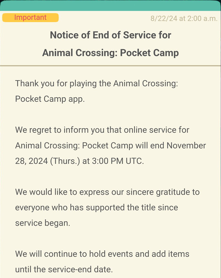 Animal Crossing: Pocket Camp Closing Notice